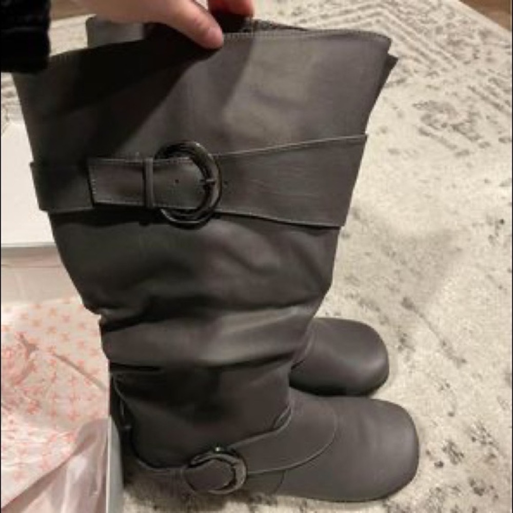 Grey square tip knee high boots